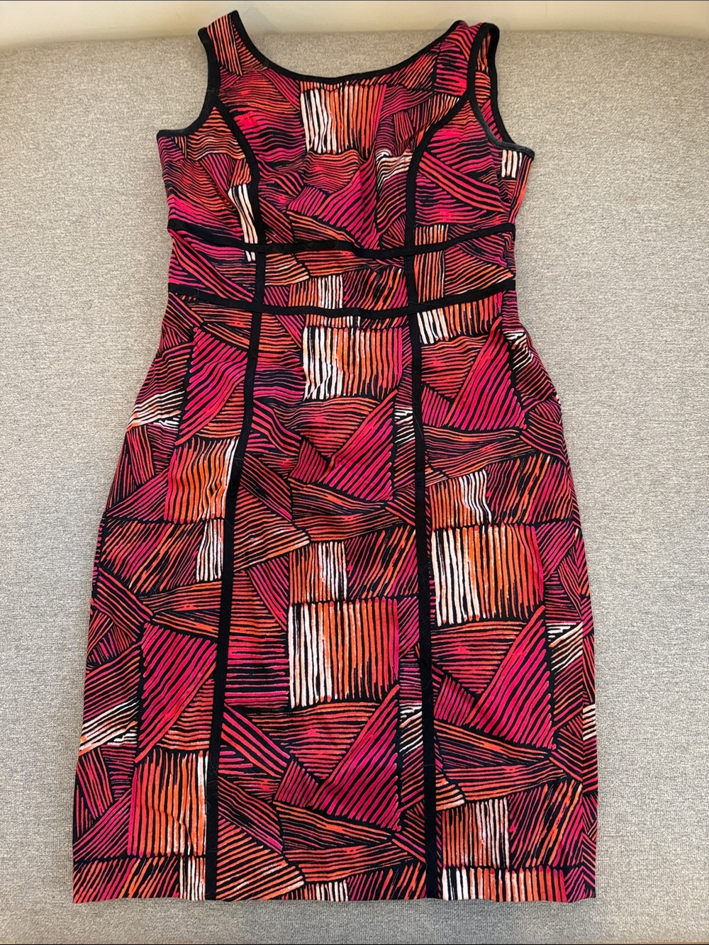 Calvin Klein Pink & Orange Geometric Sleeveless Midi Dress with Black Trim